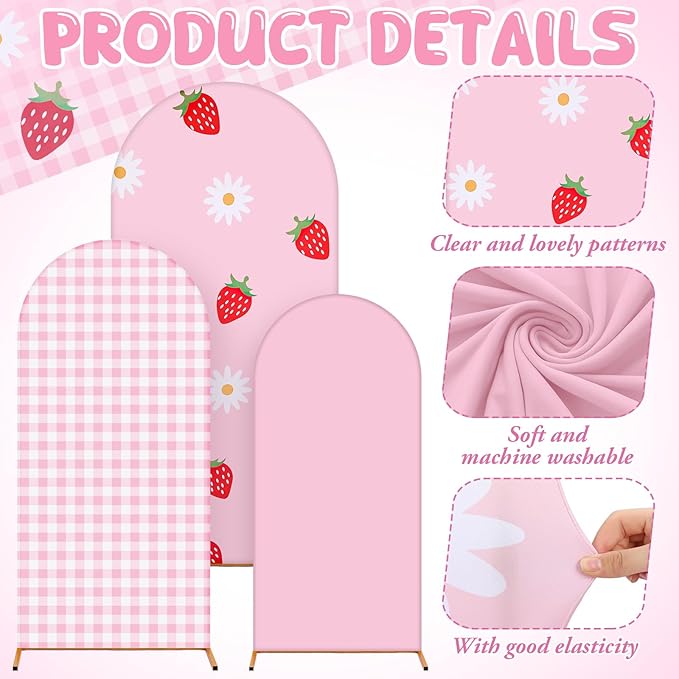Foilswirl 34 Pieces Strawberry Birthday Party Decorations 4ft 5ft 6ft Arch Backdrop Covers Pink White Checkered Spandex Arch Backdrop Cover Daisies Balloon for Strawberry Sweet Birthday Wedding Party