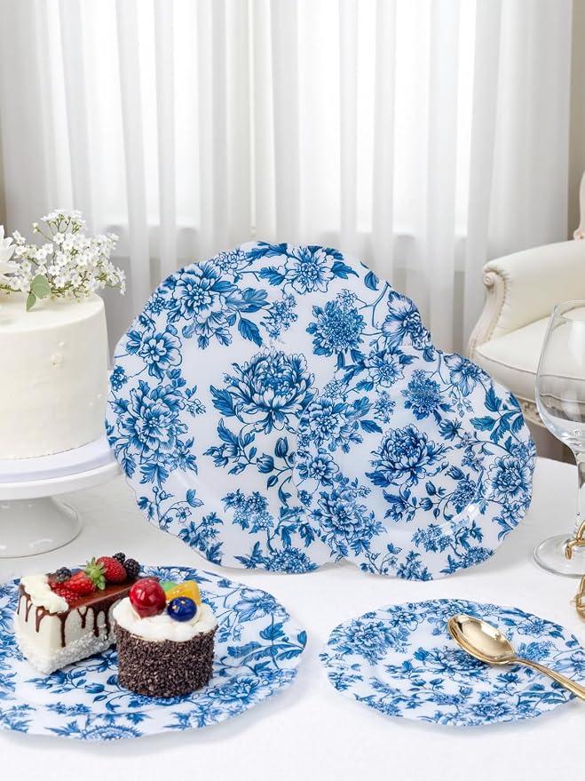 WDF 20PCS Blue Plastic Plates - Baroque White and Blue Plates - Chinoiserie Floral Party Decorations for Birthday/Tea Party/Spring
