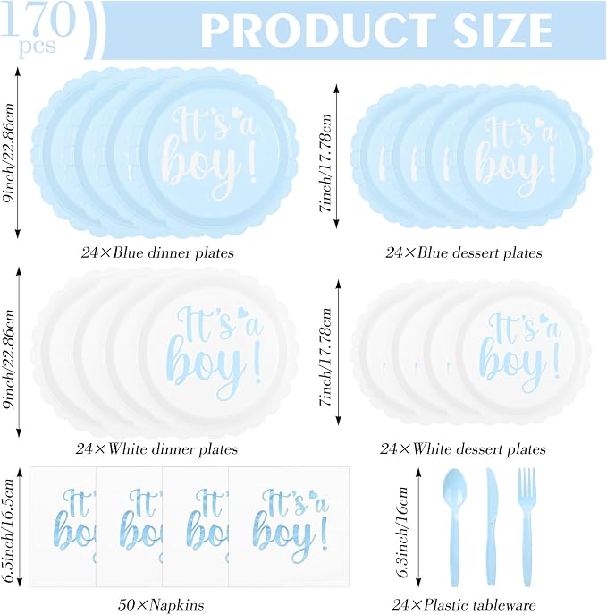 Qinyoung 218 Pcs Baby Shower Plates and Napkin Set Serve 24 Baby Boy Shower Decorations Set Includes Blue Boy Paper Plates Napkins Cups Cutlery for Gender Reveal Birthday Party