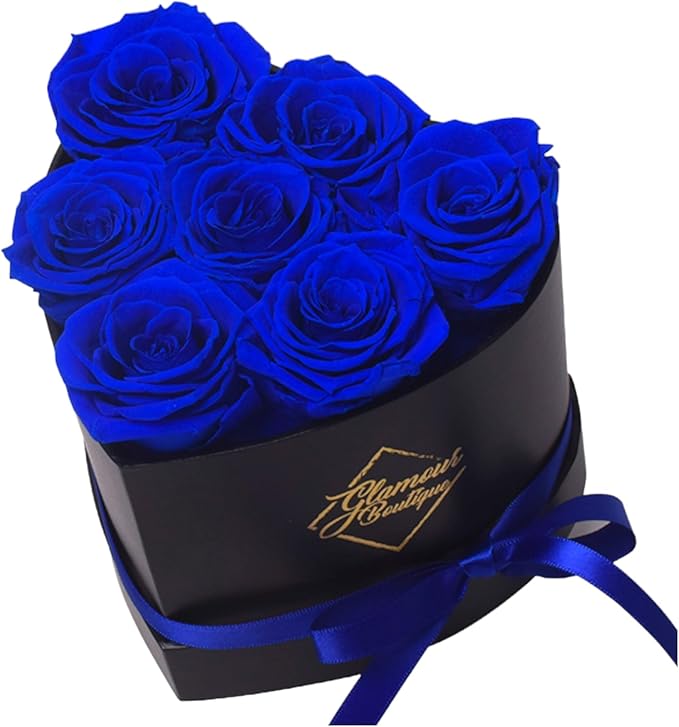 GLAMOUR BOUTIQUE 7 Flower Forever Heart Shape Box, Mothers Day Gift For Mom, Eternal Preserved Roses Gift for Her, Flowers bouquet, For Birthday, Anniversary, Girlfriend - Blue (Color-Treated)