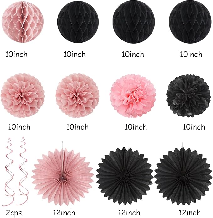 Rose-Gold Pink Black Women 30th Happy Birthday Party Decorations Hugmoon | 21pcs Kit 30th Balloon,Cute Girl Banner,Streamers,Tissue Paper Pom Poms Flowers Fans,Birthday Garlands Decor Backdrop