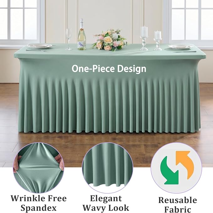 2 Pack Sage Green Spandex Table Clothes for 6 Foot Rectangle Tables, Wrinkle Free Fitted Table Cover 6ft Stretch Tablecloths Desk Skirt for Parties Weddings Birthday Banquet Baby Shower