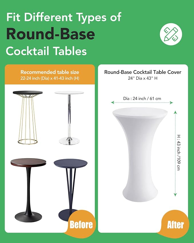 KeyWave Cocktail High Top Table Covers - 24x43 Inch Fitted Spandex Round Cocktail Tablecloth for Bar Height Standing Table Cloths Reusable, for Party Bistro Wedding Event Decorations, White, 8 Pack