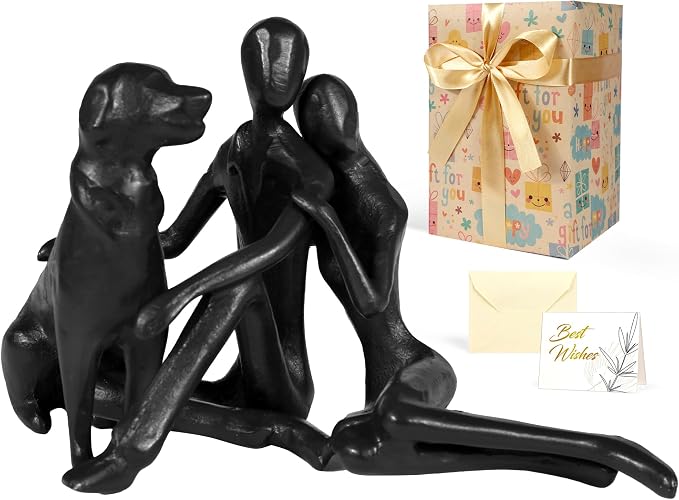 Kresecioo Sweet Couple & Dog Statue Cast Iron Sculpture Decor, Wedding Anniversary Love Gifts for Couple Women Men Wife Husband Her Him Girlfriend Boyfriend, Gifts for Wife Husband Birthday