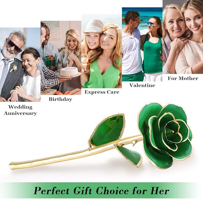24K Gold Dipped Real Rose Valentines Flower, Golden Friend Romantic Love Girlfriend Confidante Wife Mom Grandma on Birthday Sweetest Day Halloween Thanksgiving, Green