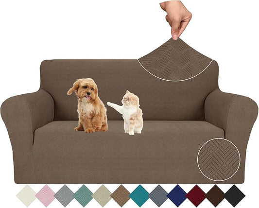 JIVINER Stretch Loveseat Slipcovers 1 Piece Love Seat Sofa Cover Spandex 2 Seater Couch Covers Universal Furniture Protector with Elastic Bottom (Brown, Loveseat)