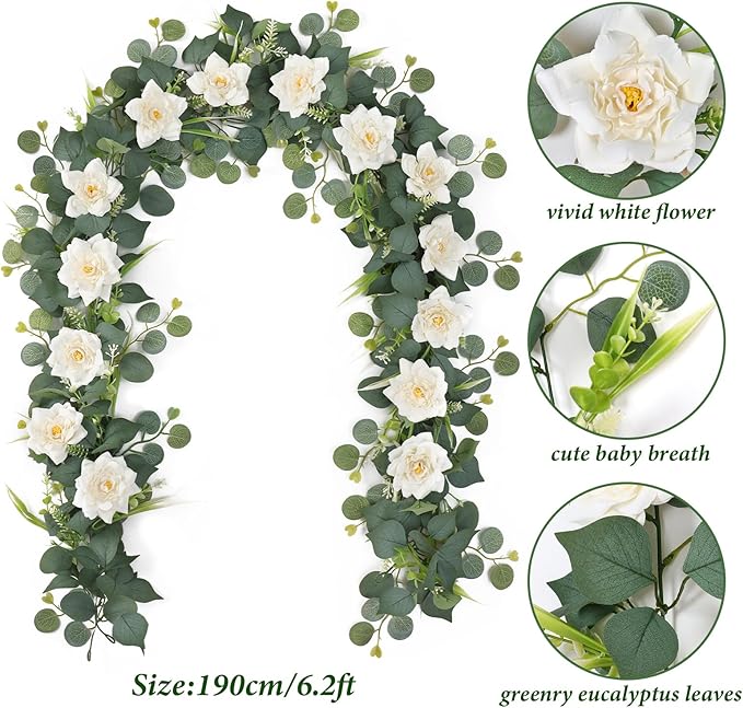 4PCS Flower Garland 6.2FT Artificial Rose Flowers Garland Wall Vines Greenery White Roses Eucalyptus Garlands for Wedding Table Runner Arches Backdrop Party Centerpiece Decor (White Rose, 4PCS)