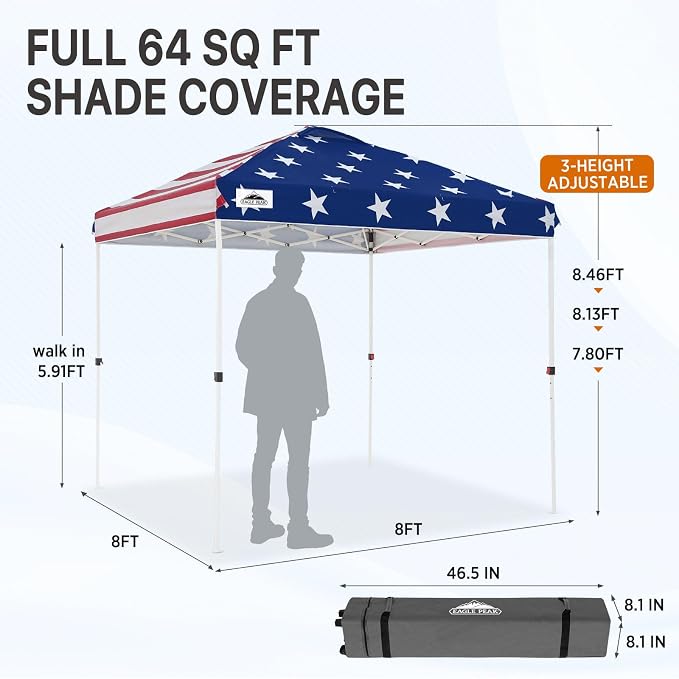 EAGLE PEAK Pop Up Canopy Tent with Wheeled Carry Bag, 8 Stakes, 4 Ropes, Easy Set Up Tent Canopy, 8x8 ft, American Flag