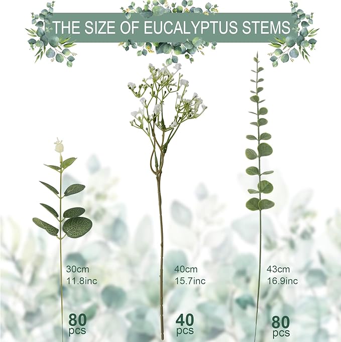 lovemoon Mixed Greenery Artificial Eucalyptus Stems, Baby Breath Artificial Flowers Bulk and Eucalyptus Leaves for Wedding Bouquets Home Office Floral Decor (200, Green and White)