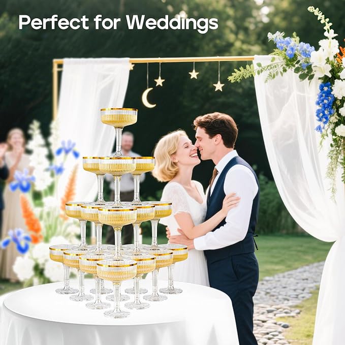 20 Pack Plastic Champagne Tower, 7oz Champagne Coupe glasses Unbreakable Plastic Cocktail Glasses Acrylic Martini Glasses for Wedding Birthday Party Bar, Gold