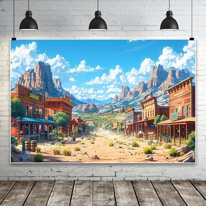 Western Backdrop 7x7ft for Western Party Decor&Photography | Thicker Vinyl Clear Image Cartoon Wild West Desert Cowboy Town for Large Western Theme Birthday Party Camping Wedding Decor