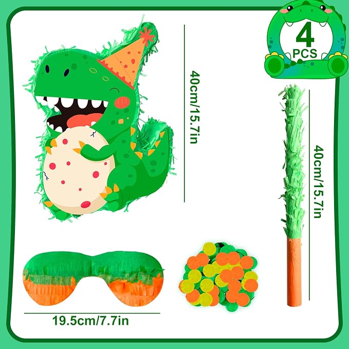 4 in 1 Dinosaur Birthday Party Piñata, 15.7'' Dino Party Large Pinata Bundle Dinosaur Party Decorations Dino Birthday Party Stick etc