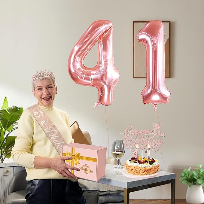 41st Birthday Decorations for Women, Include 41st Birthday Sash and Tiara, Cake Topper and Candles, Number Balloons, 41 Year Old Gifts for Women