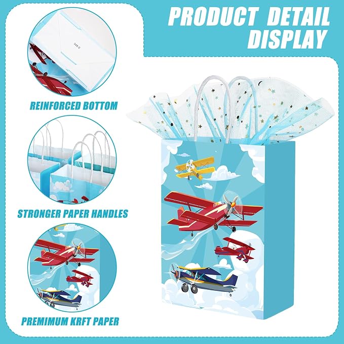 Outus 48 Pcs Airplane Party Favor Bags Paper Airplane Goodie Bags Plain Gift Pouch‌ Blue Aircraft Candy Treat Pouch‌ with Handles for Birthday Party Decorations Supplies