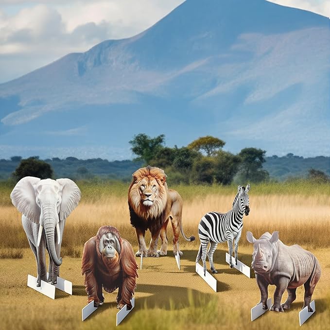 Leinuosen 5 Pcs Large Wildlife Safari Party Stand Decorations Set Africa Jungle Cardboard Cutouts Elephant Lion Zebra Rhino Gorilla Animal Decor Theme Birthday Camping Party Supplies for Photo Prop