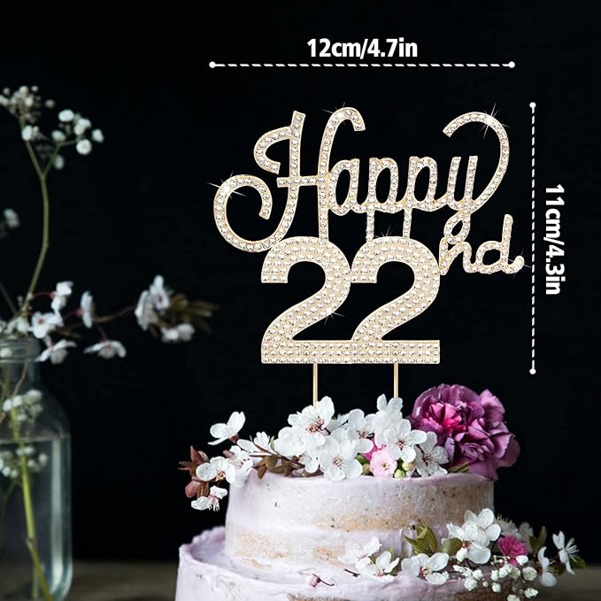 LINGTEER Happy 22nd Birthday Gold Rhinestone Cake Topper - Cheers to 22nd Birthday 22 Years Old Party Cake Centerpieces Topper Decorations Gift Sign.