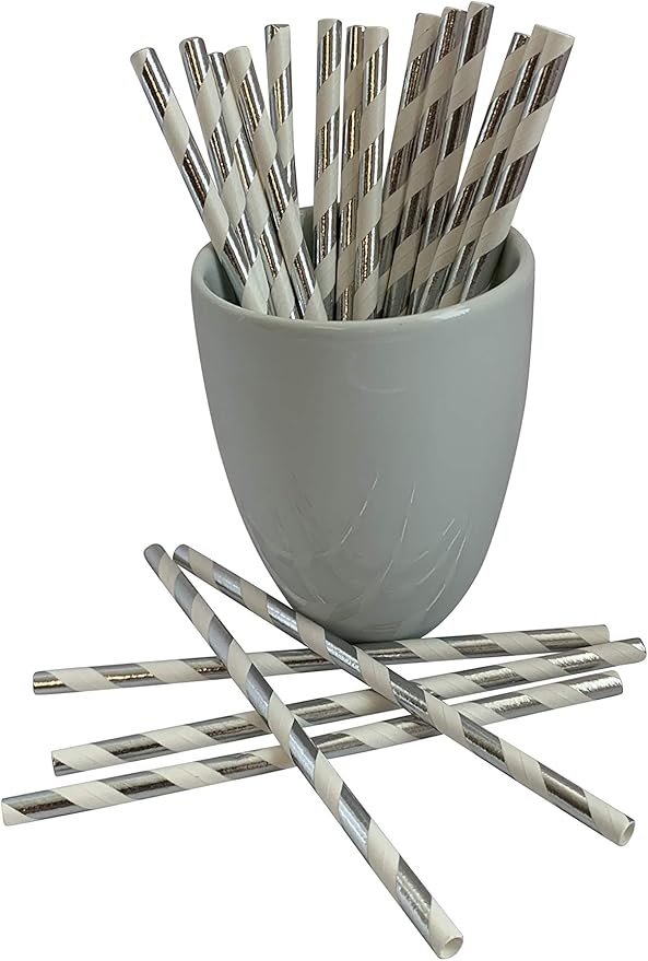 500 Count | Kingseal FSC Certified Paper Cocktail Straws, Unwrapped, 6mm x 5.75 Inches, Silver Stripe, Biodegradable, Earth Friendly, Bulk Pack - 1 Box of 500 Straws