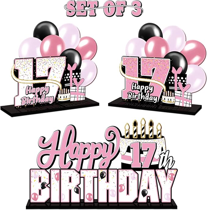 LINGTEER Happy 17th Birthday Pink Acrylic Table Topper Centerpieces Set - Cheers to 17 Years Old Birthday Seventeen Bday Party Gift Decorations.