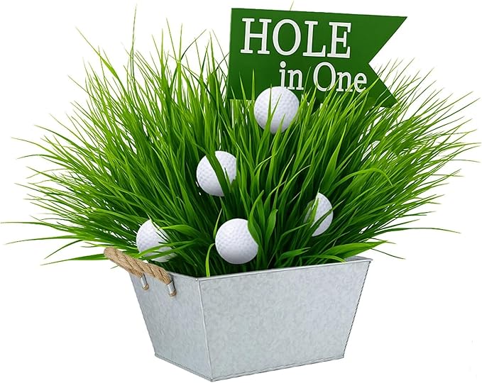 LemonRoad Large Golf Party Table Decorations Kit Includes 1 Square Iron Bucket 6 Mini Golf 15 Artificial Grass and Flags Centerpiece for Birthday Sport Themed Party Desk Supplies Rugby Favors