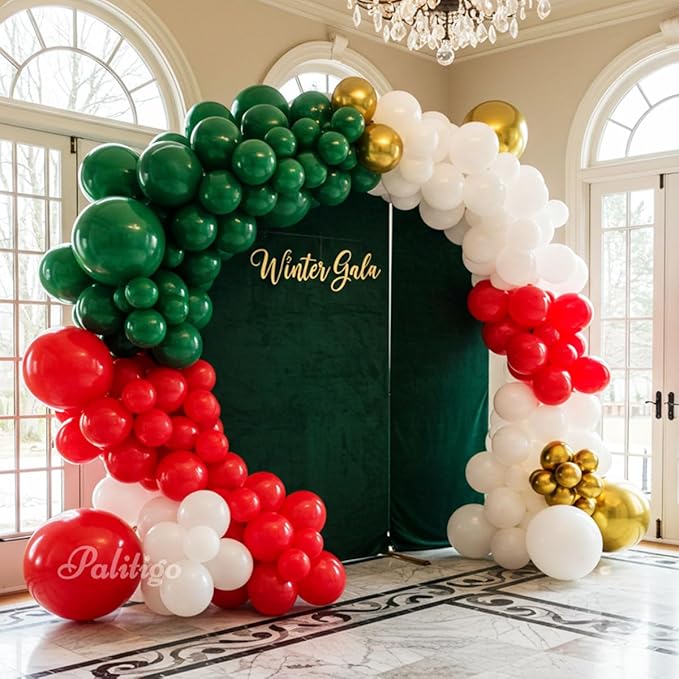 Christmas Balloon Arch Kit 140pcs Double Stuffed Green Red White & Gold Balloons Garland, Merry Christmas Balloons Arch Decorations for Holiday Party Backdrop & Merry Xmas Balloons Decor Supplies