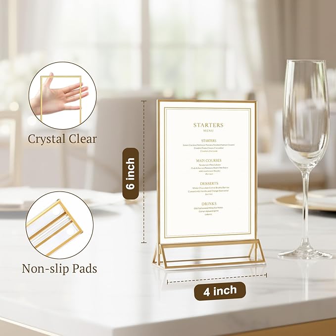 EHWINE 2 Pack Acrylic Sign Holder 4 x 6, Double Sided Gold Picture Frame Stand up Table Top Sign Holders, Clear Display Stand Menu Flyer Holder for Wedding Party