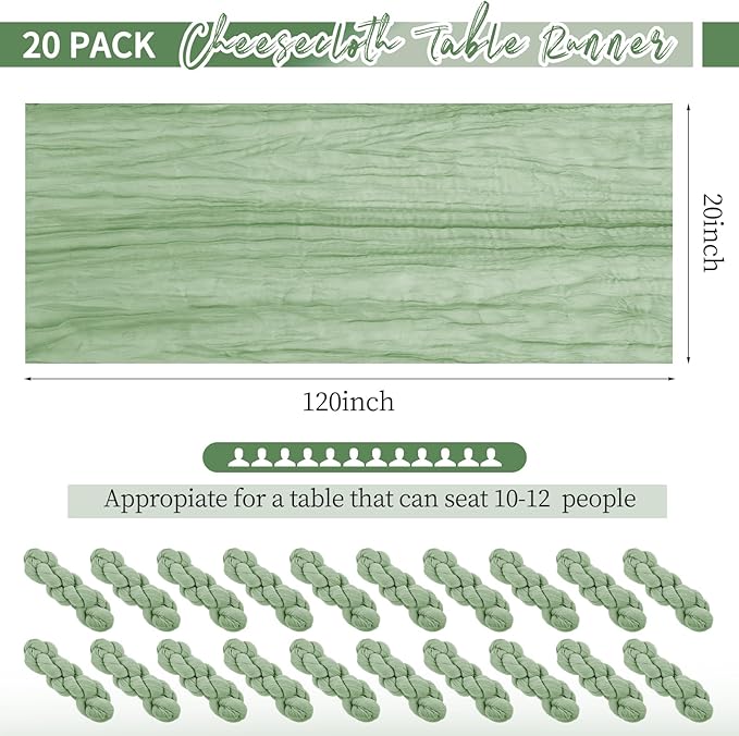 20 Pack Sage Green Table Runner 10Ft Cheesecloth Table Runner Boho Gauze Table Runner Long Cheese Cloth Table Runner Romantic Sheer Fabric Table Runners for Wedding Party Bridal Shower