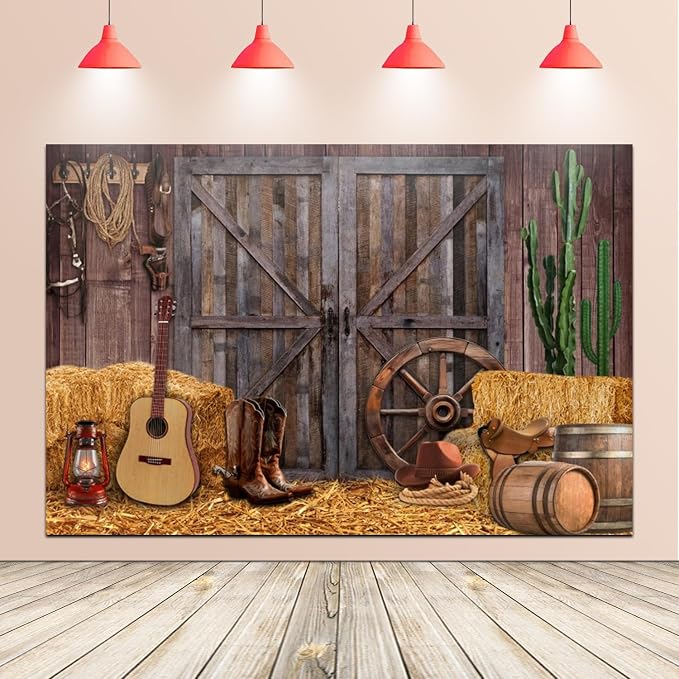 Western Backdrop 10x6.5ft for Western Party Decor&Photography | Thicker Vinyk Clear Image Vintage Farm Wooden Door Barn Wild West Rodeo Banner for Large Western Theme Birthday Party Decor