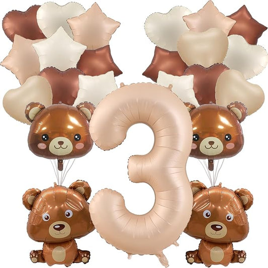 23 Pcs Bear Balloons, 3rd Number Balloons 40 inch Teddy Bear Balloons Baby Shower Decorations Birthday Balloons Foil Animal Balloons for We Can Bearly Waits Theme Birthday Party Decor (Caramel - 3rd)