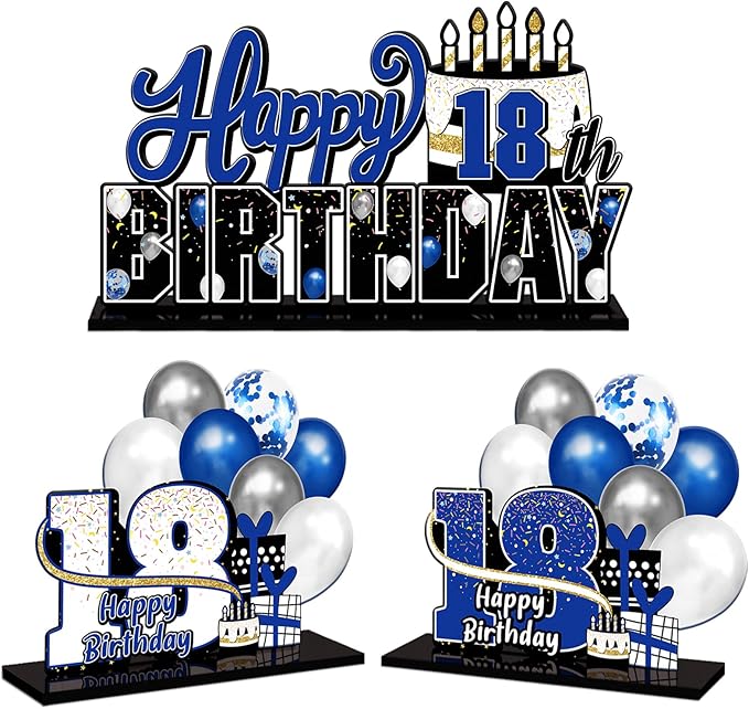 LINGTEER Happy 18th Birthday Blue Acrylic Table Topper Centerpieces Set - Cheers to Eighteen Years Old Birthday 18th Bday Party Gift Decorations.