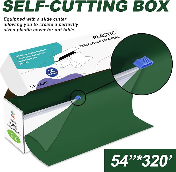 54IN X 320FT Plastic Table Cover Roll with Cutter Box, Cut to Size Plastic Table Cloths for Parties, Birthday, Disposable Tablecloth Roll for All Shape Tables (Green, 54 Inch X 320 Feet)