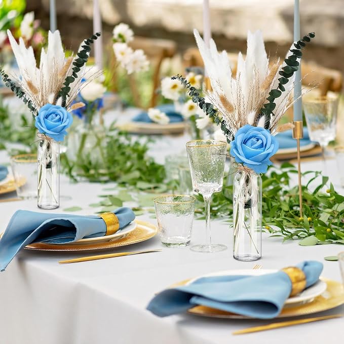 Qinyoung 10 Set Dried Pampas Grass Centerpiece for Wedding Baby Shower Party 10 Glass Flower Jars 10 Artificial Roses 80 Dried Pampas Grass with Rope for Rustic Bridal Farmhouse Decoration (Blue)