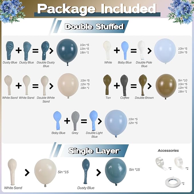 Double Stuffed Dusty Blue Brown Balloon Arch Kit, Neutral Balloon Garland Pastel Baby Blue Dark Brown White Sand Beige Tan Latex Balloons for Boys Baby Shower Teddy Bear Birthday Party Decorations