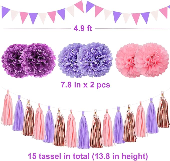 Purple Party Decorations Set Neon Colored Pink and Purple Birthday Party Hanging Paper Fan Tissue Pom Poms Streamers Summer Party Supplies Tassel Garland Banner