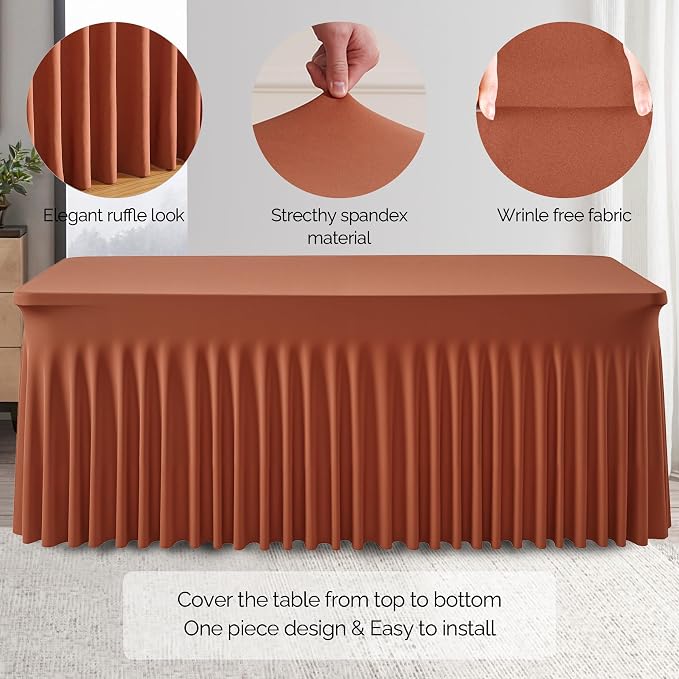 Wish Care 2 Pack Rust Spandex Table Clothes for 4 Foot Rectangle Tables, 4FT Wrinkle Free Fitted Tablecloths Ruffles Design Table Cloth for Party, Banquet, Wedding and Events