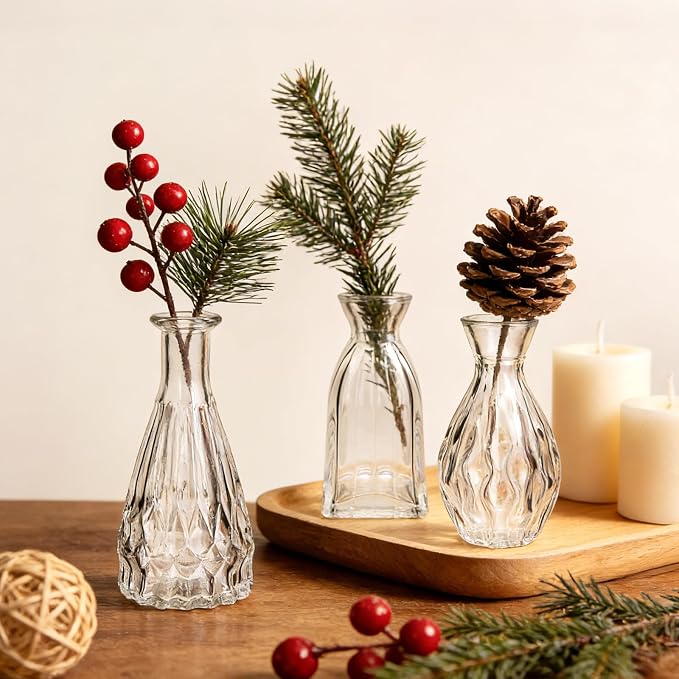 Glass Bud Vases in Bulk, 3pcs Small Glass Vase for Elegant Centerpieces | Mini Vases for Flowers ,Small Vases for Home Wedding, Living Room,Bud Vases for Wedding Party Holiday Gift