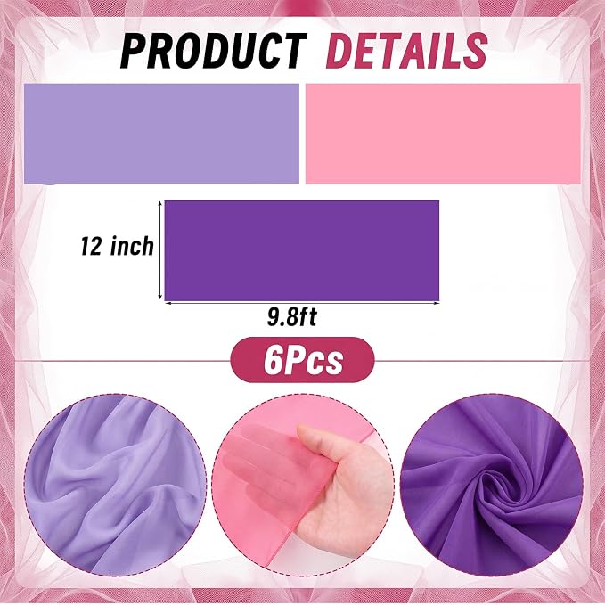 Boao 6 Pcs Pink and Purple Party Decorations Table Runner Cloth 10Ft Boho Sheer Rustic Fabric for Wedding Birthday Party Baby Bridal Shower Graduation Dawn Sunset Decor