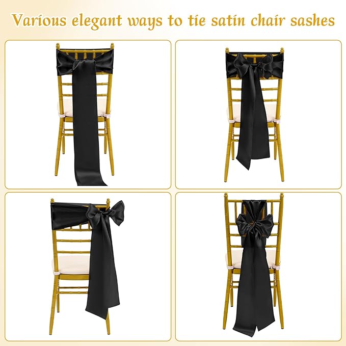 60 PCS Black Chair Sashes, Ties Bows Designed Sashes for Washable Reusable Chair Covers Supplies for Wedding Reception Events Banquets Party Hotel Event Aisle Decorations (7 x 108 inch)