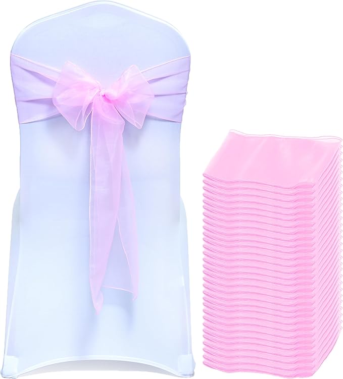 MDS® Pack of 10 Organza Chair Sashes for Wedding Decoration, Reusable Sheer Chair Bows for Banquet Chair Cover, Reception, Bridal Shower, Baby Shower, Birthday Party & Special Events - Pink