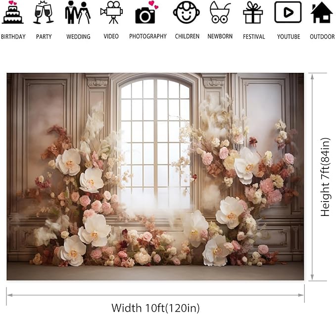 European Style Interior Room Backdrop 10x7ft Art Oil Painting Flowers French Window Photography Background Birthday Bridal Shower Women Girl Home Room Office Decor Banner Photo Studio Props