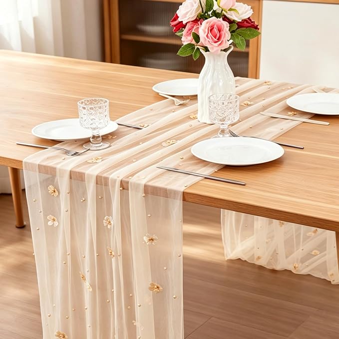 BINBE Flower Pearl Table Runner Spring Summer Rustic Boho 10ft Tulle Table Runner for Baby Shower Wedding Veil Holiday Dessert Table Decor Champagne