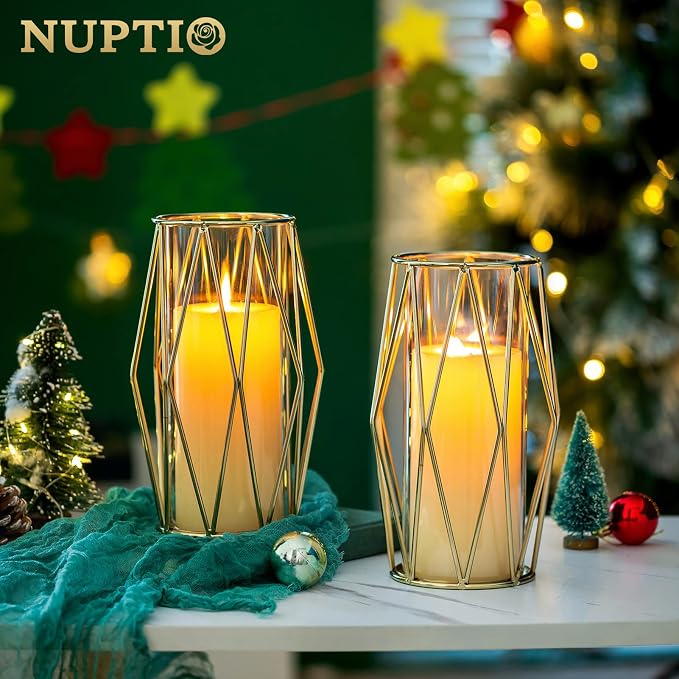 NUPTIO Gold Geometric Hurricane Candle Holders Bulk, Set of 8 | 8 Matching Diamond Frames, Clear Glass Cylinder Vases, for Flowers, Pillar Candles, Wedding Table Centerpieces