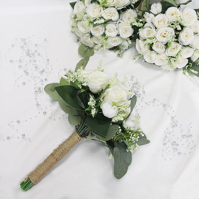 Set of 2 Bridesmaid Bouquets for Wedding - 7 Inch Artificial Ivory Flower Bouquet for Party Ceremony Anniversary Dinning Table Centerpieces Decor - Ivory