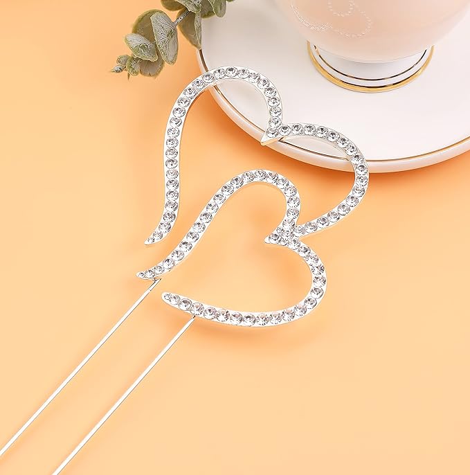 LOVENJOY Gift Boxed Two Hearts One Love Rhinestone Wedding Cake Topper Silver