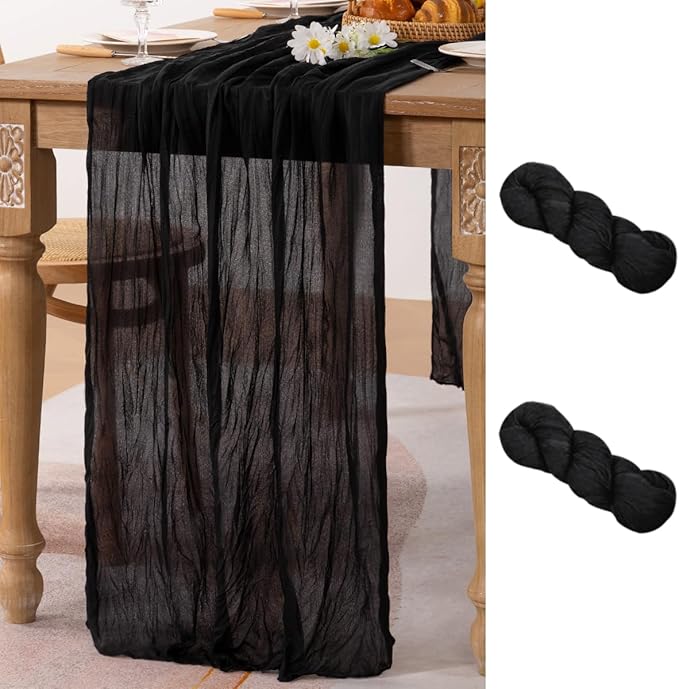 MLMC 2 Pack Black Table Runner 10ft Rustic Gauze Cheesecloth Table Runner 35x120 Inches Cheese Cloth Centerpiece for Wedding Party Bridal Shower Anniversary Events Gothic Decor