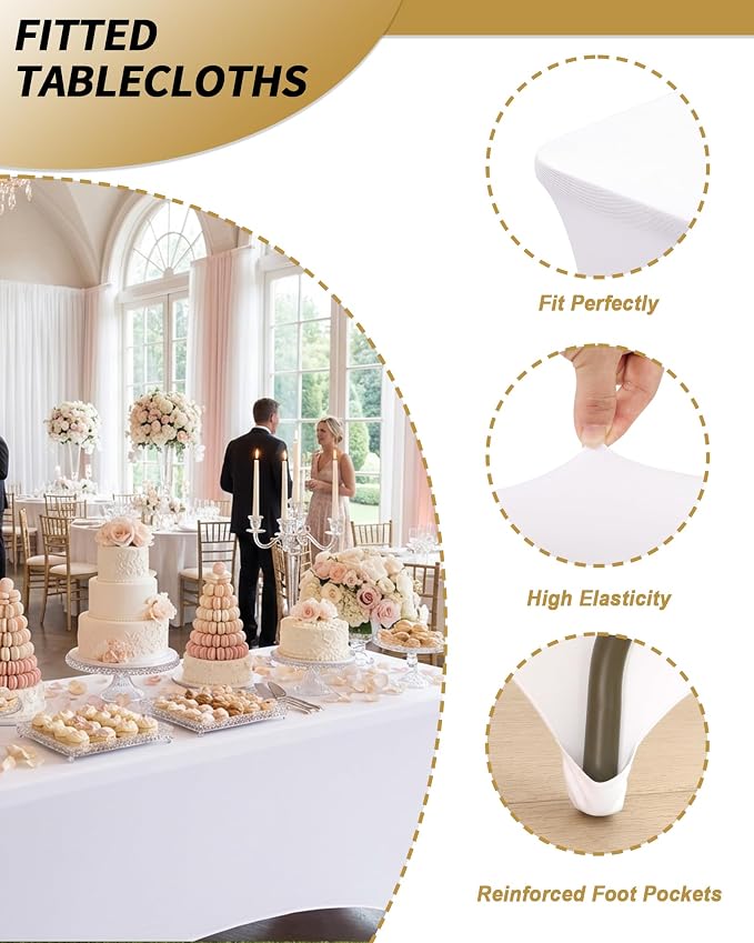 Fixwal White Tablecloths for 8 Foot Rectangle Tables, 2 Pack Spandex Stretch Fitted Table Covers for Party, Trade Show, Banquet, Wedding, Buffet