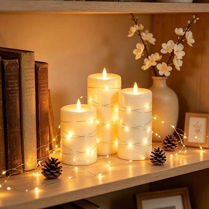 Da by 3 Pack Ivory Real Wax Flameless Taper Candles, Lifelike Flickering LED Flame Candles with Surrounding Fairy String Lights, Soft Warm Battery Candles with Remote for Home Wedding Holiday Decor