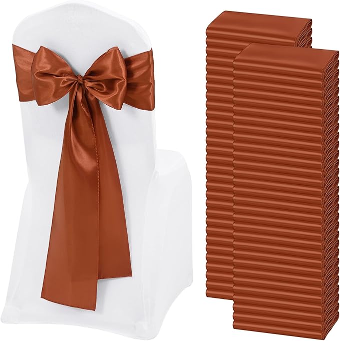 60 PCS Terracotta Satin Chair Sashes, Ties Bows Designed Chairs Decorative, Chair Cover Sashes for Thanksgiving Wedding Christmas Banquet Party Home Kitchen Decoration (7 x 108 inch)