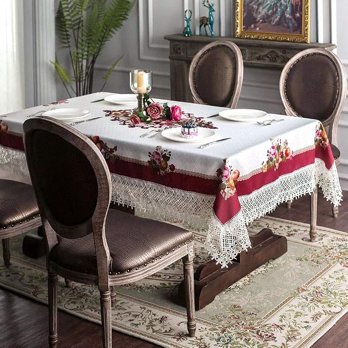 ARTABLE Lace Spring Table Cloth Rectangle Fall Antique Flower Decor Macrame Tablecloth for Outdoor Farmhouse Rustic Kitchen Party Birthday Picnic (Burgundy, 52 x 70 Inch)
