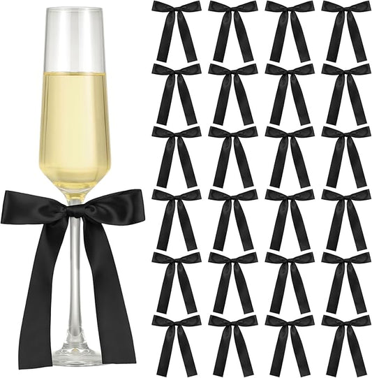 Jingmore 24 Pack Bows for Champagne Glasses Candle Holder 6.7 x 4 Inch Bow Drink Tags Wine Glass Candlestick Ribbon Self Adhesive Name Marker for Wedding Anniversary Party Gift Decor(Black)