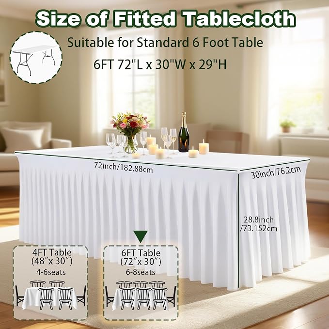 5 Pack White Spandex Table Clothes for 6 Foot Rectangle Tables, Fitted Stretch Spandex Table Cover 6ft White Tablecloths with Table Skirt for Weddings Birthday Parties Banquet Baby Shower